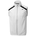 A sleeveless white sports vest with a high collar features black accents on the shoulders and a front zipper designed for athletic wear suitable for outdoor activities.