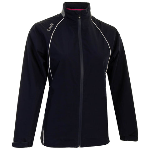 A dark-colored jacket with a high collar is displayed. It features reflective piping along the sleeves and body. The jacket is designed for outdoor activities, providing protection and visibility.