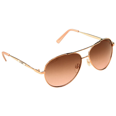 A pair of brown-tinted aviator sunglasses rests at an angle showcasing their gold metal frame and pink accents in a neutral setting with no visible background elements.