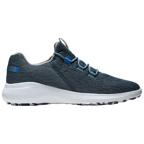 A dark blue golf shoe sits on a plain background featuring a textured upper and a white sole with grip. It has laces and a tab at the back.