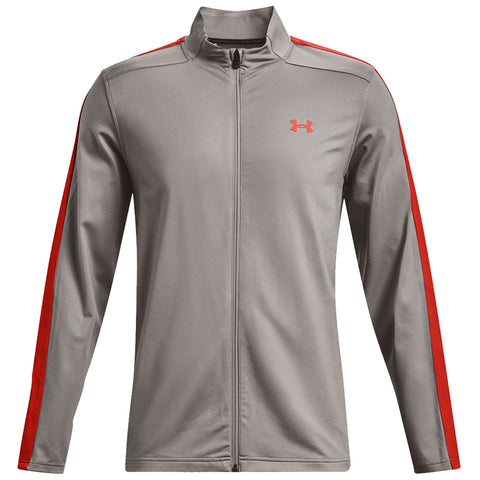 A gray athletic jacket with red stripes down the sleeves has a zip front and a collar designed for sports use and casual wear. Ideal for outdoor activities or workouts.