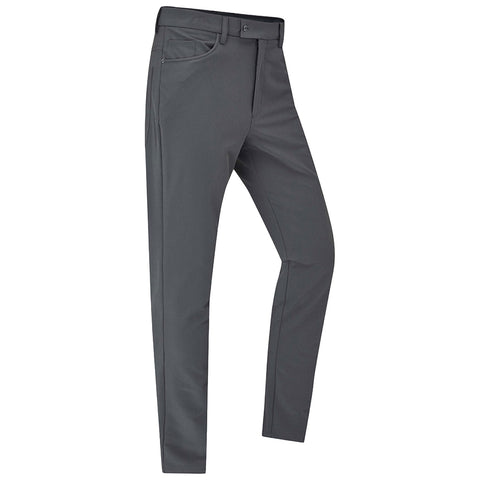 Gray pants are displayed upright showcasing a slim fit design with pockets for storage the fabric appears smooth and the overall style suggests versatility for casual or semi-formal settings