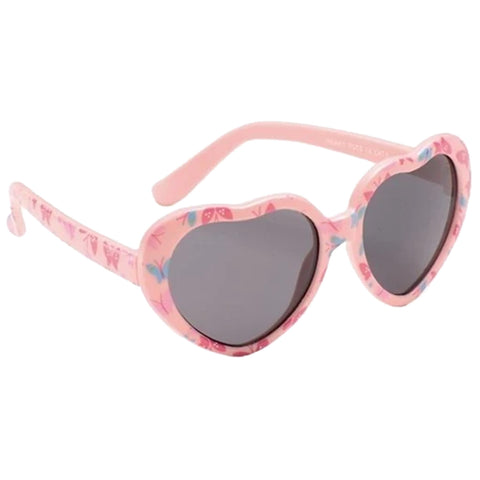 Heart-shaped sunglasses with a pink floral design rest with their dark lenses facing forward, showcasing a playful accessory commonly used in sunny outdoor contexts.