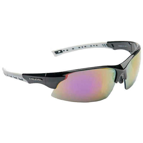 Sunglasses with a black frame and gradient mirrored lenses sit against a plain background showcasing their sporty design and curved shape ideal for outdoor activities and protection against sunlight.