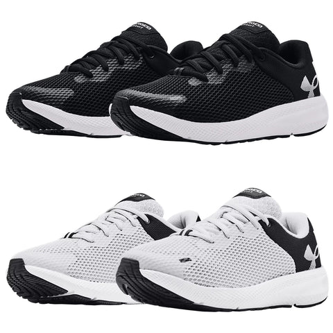 Two pairs of athletic shoes are displayed the top pair is black with white accents and the bottom pair is white with black accents both feature mesh material and a cushioned sole