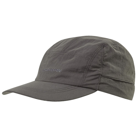 A gray cap rests at an angle with a curved brim and stitched detailing showcasing the brand name in a lighter thread reflecting a casual outdoor style suitable for various activities.