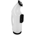 A white plastic bottle with an ergonomic handle and a nozzle is upright on a flat surface designed for dispensing liquids in a controlled manner.