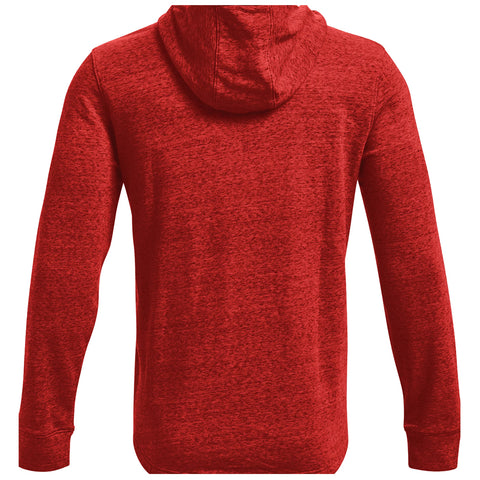 A red hoodie with a textured appearance is displayed with the hood up facing backward. The setting is neutral with no visible background elements.