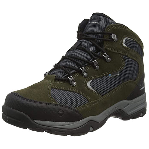 A hiking boot made of dark green suede and mesh shows a sturdy design with metal eyelets and laces positioned for support suitable for outdoor activities.