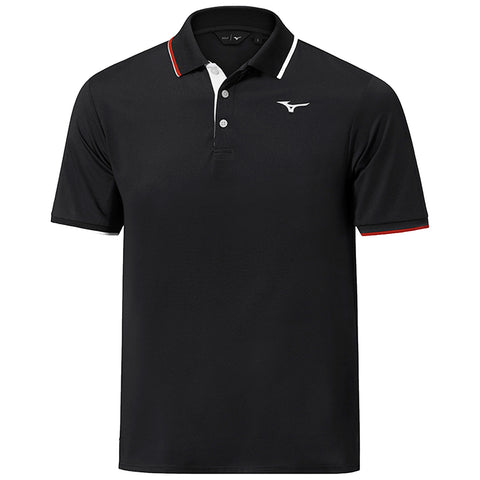 A black polo shirt features a collar with a white button placket and red accents on the collar and sleeves along with a white logo on the left chest area.