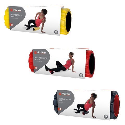 Three massage rollers are displayed in packaging. A woman is shown using each roller: one soft yellow, one medium red, and one firm black. The context suggests a fitness or wellness setting.