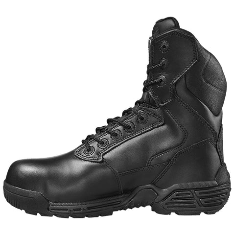 A black tactical boot is displayed standing upright showcasing a high-top design with laces and reinforced toe providing durability intended for rugged outdoor use in various environments.