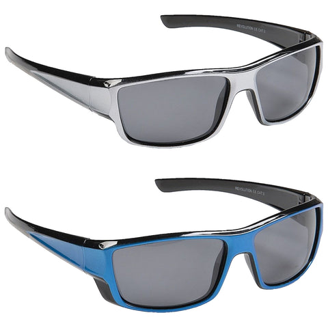 Two pairs of sunglasses are displayed side by side on a neutral background The top pair has a silver frame while the bottom pair features a blue frame both have dark tinted lenses.