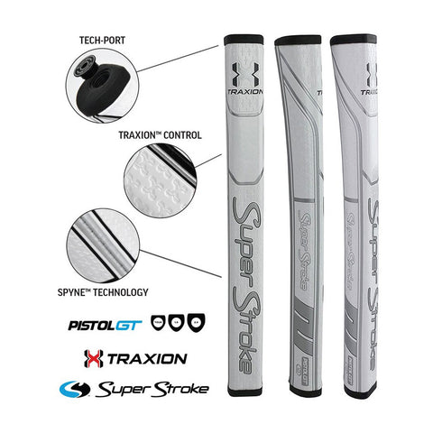 Three golf club grips are displayed, showcasing different features like Tech-Port and Traxion control, demonstrating advanced design for improved performance in golf. Super Stroke branding is prominently featured.