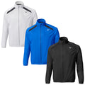 Three athletic jackets in white blue and black are displayed side by side showcasing a zippered front and contrasting shoulder designs set against a plain light background