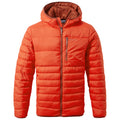 A bright orange puffer jacket with a hood and zippered closure is displayed upright. It features horizontal quilted sections for insulation, suitable for cold weather conditions.