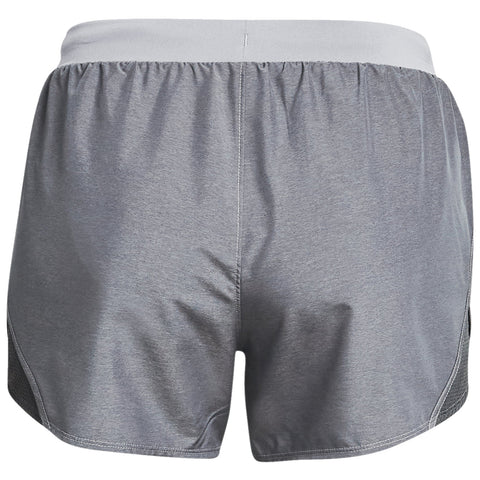 Gray athletic shorts are displayed with an elastic waistband and a mesh side panel highlighting their sporty design suggesting they are meant for exercise or casual wear.