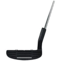 A black golf putter lies on a plain background with a metallic shaft and grip showing structured grooves on its face designed for striking a golf ball effectively