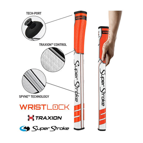 A golf grip labeled SuperStroke is being held by a hand with highlighted features including TECH-PORT TRAXION CONTROL and SPYNE technology detailed in illustrations and text showing grip benefits in a bright design.