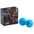 A box containing two blue golf balls features a Spiderman design The balls are branded Volvik and are packaged as a three-piece premium set in a Marvel-themed box