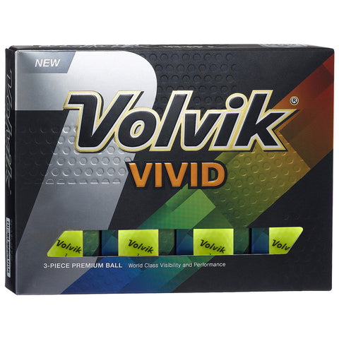 A box contains brightly colored golf balls labeled "Volvik Vivid" with a notice of being a three-piece premium ball emphasizing visibility and performance set against a geometric background.