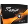 A black box of Titleist Pro V1 golf balls is displayed with a bold design featuring an orange swirl and a shiny lens-like graphic along with the text #1 ball in golf