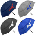 Four umbrellas of various colors including navy gray black and blue are positioned in a square arrangement showcasing their logos prominently all serving the purpose of protection from rain or sun