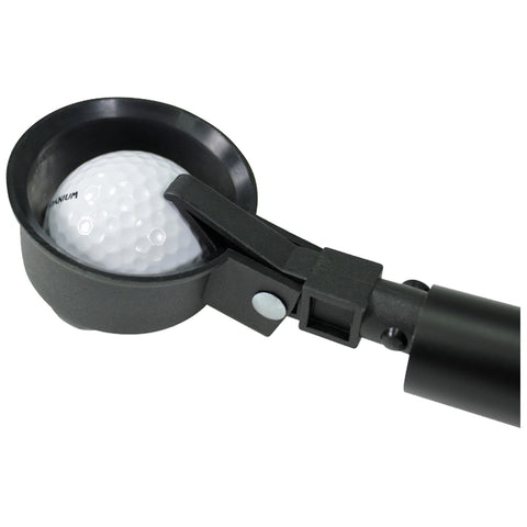 A golf ball is held in a black tool designed for picking it up featuring a scooped holder and an extending handle set against a plain background.