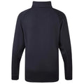 A black long-sleeve pullover with a high collar is displayed facing away. The fabric appears stretchy and smooth, designed for comfort in casual or athletic settings.