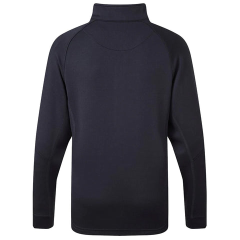 A black long-sleeve pullover with a high collar is displayed facing away. The fabric appears stretchy and smooth, designed for comfort in casual or athletic settings.