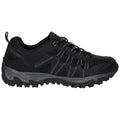 Black hiking shoe designed for outdoor use featuring a mesh and synthetic upper with a rugged rubber sole providing traction suitable for various terrains.