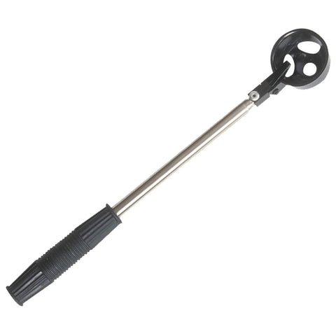 A long metallic stick with a black grip and a circular, three-holed end is positioned upright. It appears to be a tool likely used for golf ball retrieval.