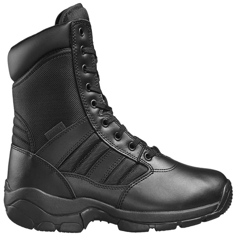 A black tactical boot is displayed with a high ankle design featuring a combination of smooth leather and mesh material alongside a sturdy sole exhibiting pronounced tread patterns for traction.