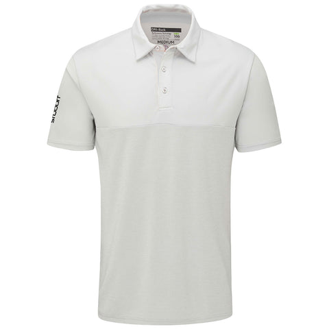 A light gray polo shirt is displayed facing forward featuring a collar three buttons and short sleeves with a logo on the left sleeve and a horizontal seam across the chest.