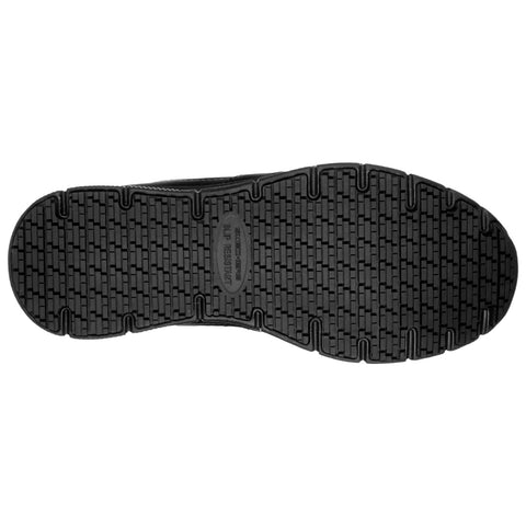 A black shoe sole featuring a textured rubber pattern designed for traction and slip resistance is presented against a plain background indicating it is suitable for various surfaces and conditions