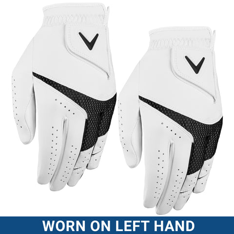 Two golf gloves are displayed side by side with a focus on the left glove showcasing a white design with black mesh and perforations indicating a grip-enhancing feature labeled worn on left hand.