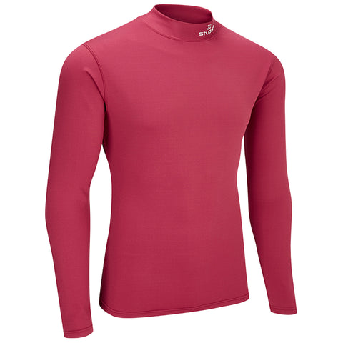 A red long-sleeved athletic shirt stands upright showcasing a high neck collar designed for performance wear, typically used in sports or outdoor activities in casual or active settings.