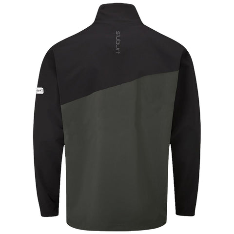 A long-sleeved jacket is displayed with a black upper section and a dark green lower section. The collar is upright and features branding on the back and sleeve.