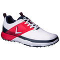 A white and red golf shoe is positioned on a flat surface showcasing a modern design with a textured upper a prominent logo and pointed spikes for traction on the course.