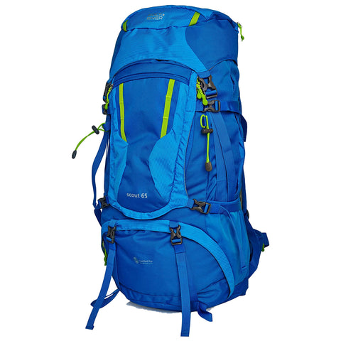 A large blue backpack designed for outdoor use stands upright featuring multiple compartments and straps with vibrant green accents suitable for hiking or camping activities.