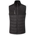 A black sleeveless vest features a zippered front and is divided into two sections with smooth upper fabric and quilted lower fabric providing insulation and warmth suitable for outdoor activities.