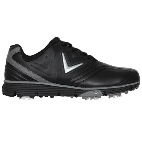 A black sports shoe features a sleek design with gray accents and a molded sole. It is positioned on a plain background, suggesting it is ready for athletic activity.