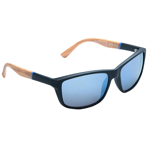 Sunglasses with black frames and blue reflective lenses rest on a white surface the arms have a wooden texture providing a stylish contrast to the sleek design