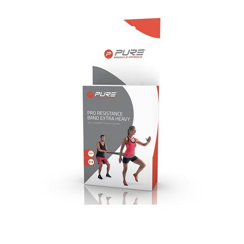 A packaging box displays a pro resistance band labeled as extra heavy with two figures demonstrating exercises in a fitness context showcasing their physical activity and usage of the band.