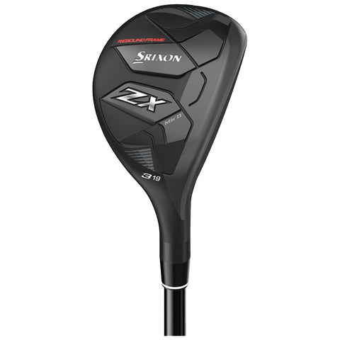 A black golf club head is positioned upright showcasing a sleek design with the brand name Srixon and model ZX Mk II displayed prominently on its surface, ideal for golfing.