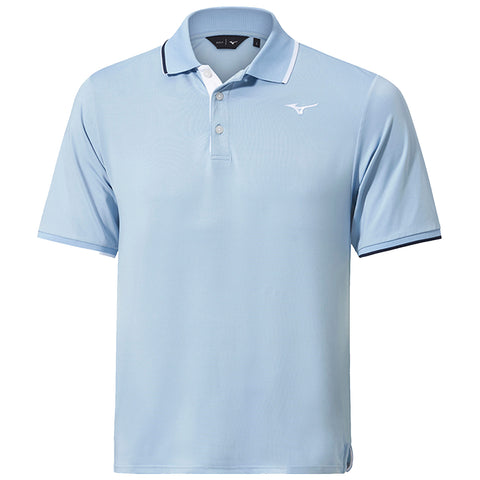 A light blue polo shirt hangs neatly displaying a collar and buttons featuring a logo in the upper left corner made of soft fabric suitable for casual or athletic wear.