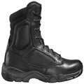 A black tactical boot stands upright showcasing a sturdy design and high ankle support. It features a combination of leather and mesh materials suitable for outdoor or rugged environments.