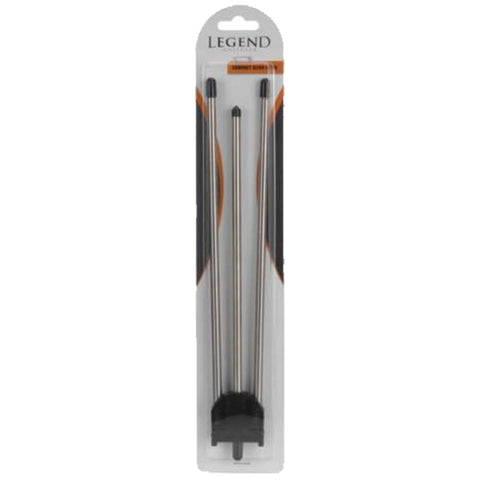 Three stainless steel skewers are packaged together with a black plastic handle. The packaging features the word LEGEND prominently at the top and includes decorative orange accents.