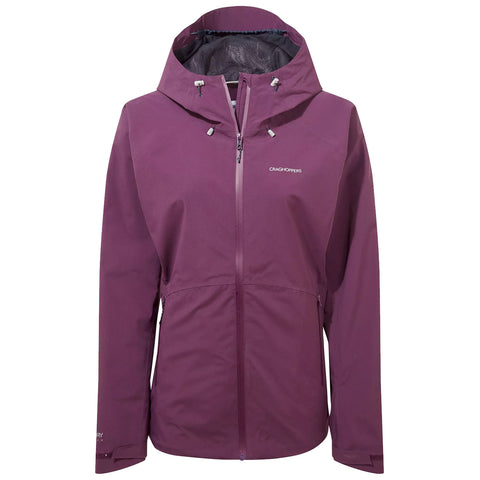 A purple waterproof jacket with a hood hangs upright showcasing a zippered front and adjustable drawstrings on the hood suitable for outdoor activities in wet weather.