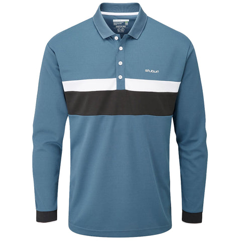 A long-sleeved polo shirt in a blue shade features two horizontal stripes in white and black across the chest area showcasing a modern athletic style suitable for casual or sporty contexts.